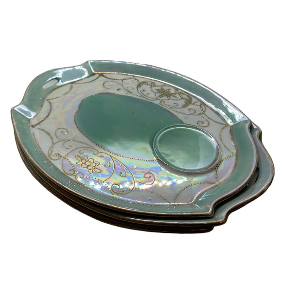 VTG Lusterware Japan Hand Painted Mint Green Snack Trays Set of 5 - Picture 1 of 8